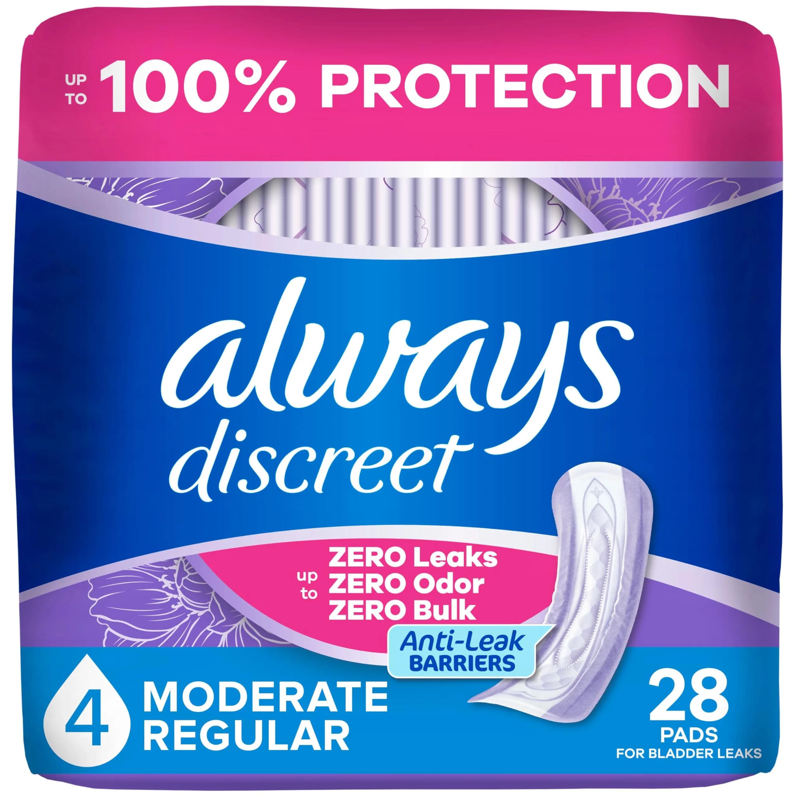 Always Discreet Adult Incontinence Pads for Women, Moderate Absorbency, Regular Length, Postpartum Pads, 28 Count | Up to 100% Leak Protection