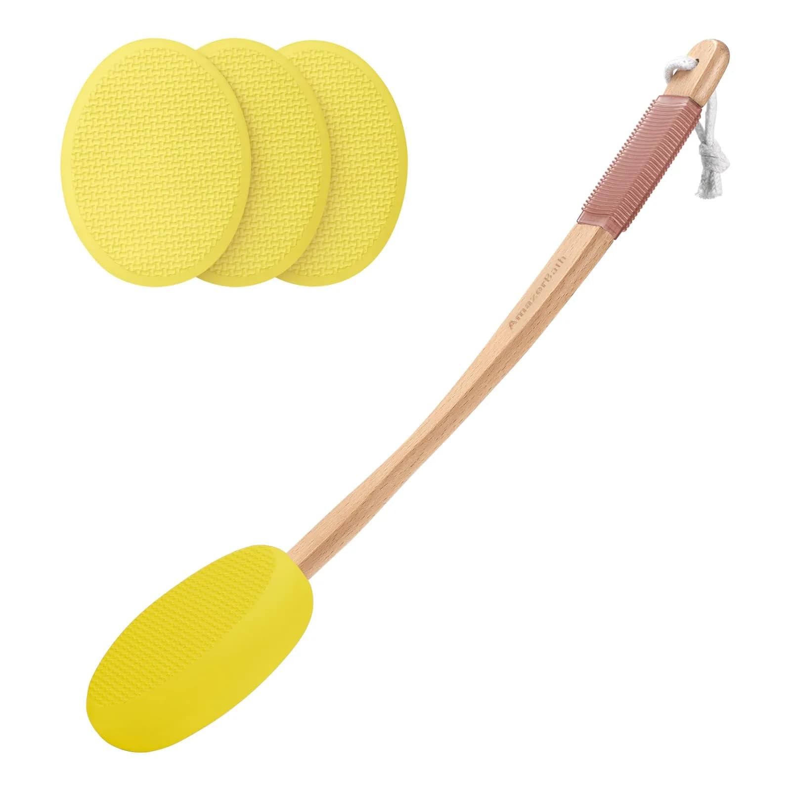 AmazerBath Lotion Applicator Lemon Yellow with 4 Replacement Pads | Curved 17" Handle for Back, Feet, Sunscreen, Medicine