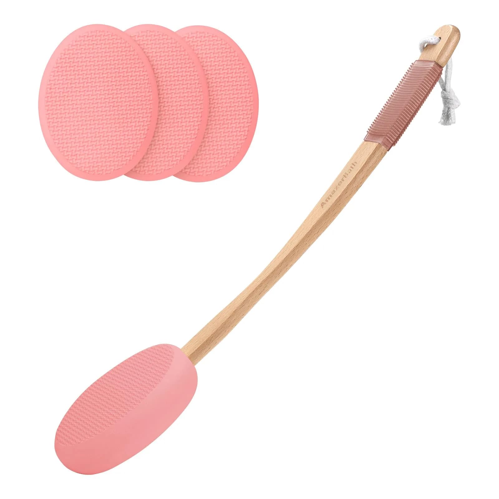 AmazerBath Lotion Applicator with 4 Replacement Pads & 17" Curved Handle | for Back & Feet (Apricot Red)