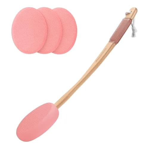 AmazerBath Lotion Applicator with 4 Replacement Pads & 17" Curved Handle | for Back & Feet (Apricot Red) thumbnail 1