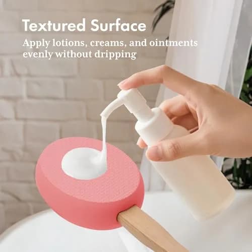 AmazerBath Lotion Applicator with 4 Replacement Pads & 17" Curved Handle | for Back & Feet (Apricot Red) thumbnail 3