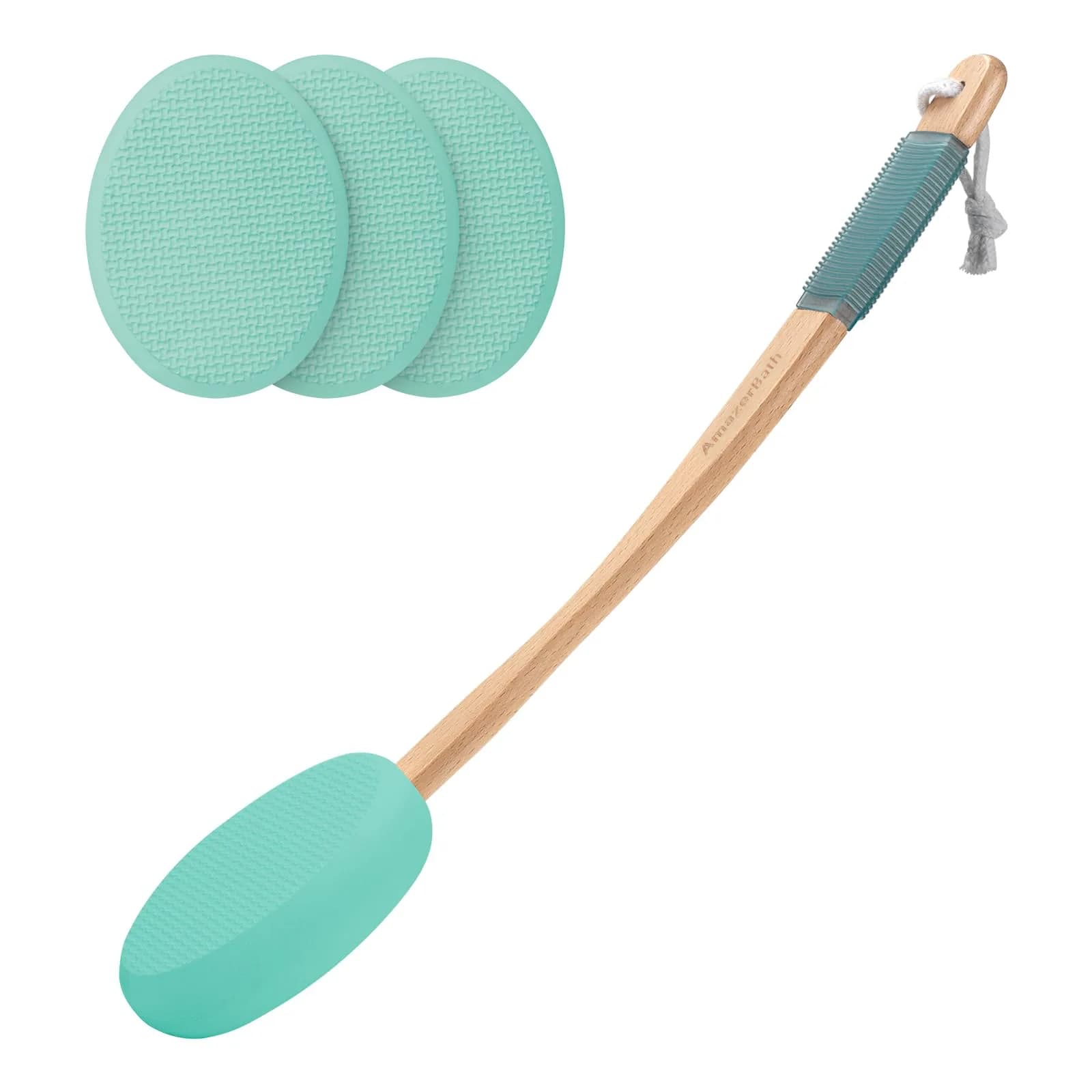 AmazerBath Lotion Applicator with 4 Replacement Pads & 17" Curved Handle | for Back, Feet, and Hard-to-Reach Areas