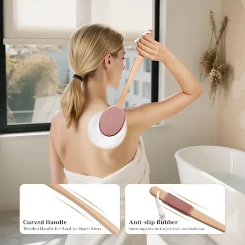 AmazerBath Lotion Applicator Coffee Pink with 4 Replacement Pads | Curved Handle for Back & Feet thumbnail 5
