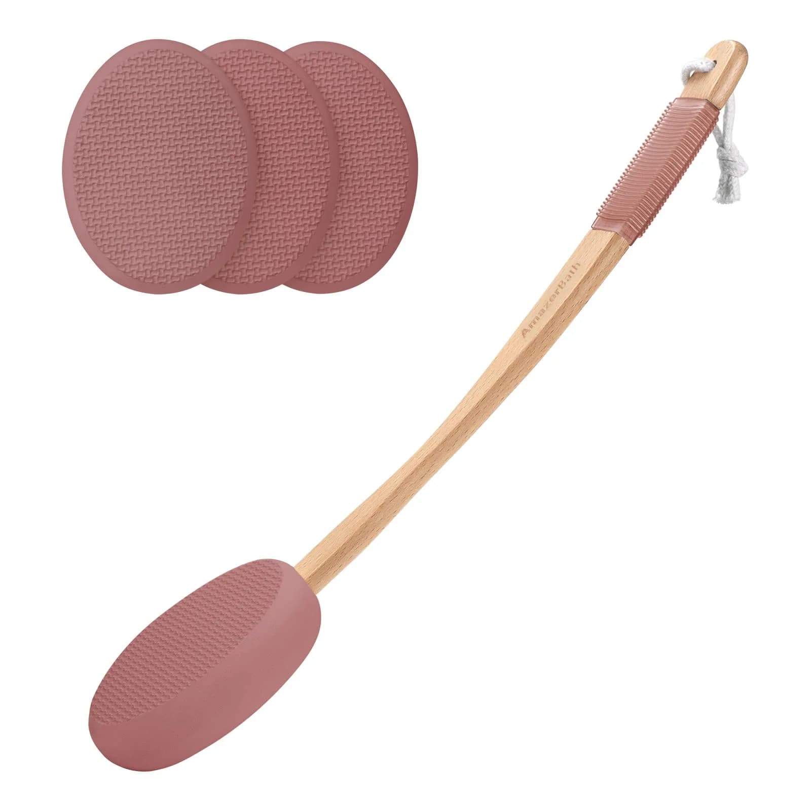AmazerBath Lotion Applicator Coffee Pink with 4 Replacement Pads | Curved Handle for Back & Feet