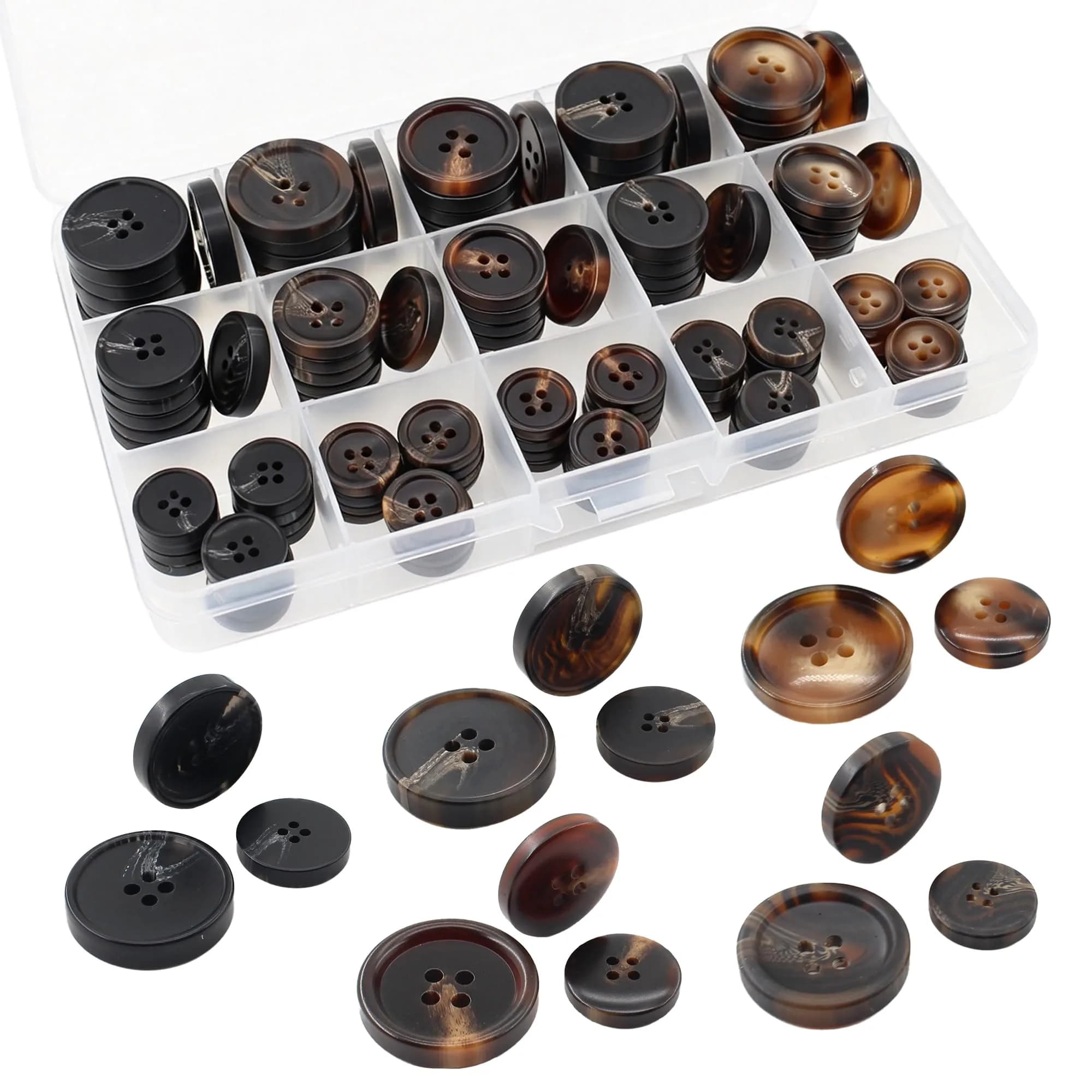Renashed Faux Buffalo Horn Resin Buttons 15mm, 20mm, 25mm | 90-Piece Set for Suits & Coats — Dark Brown Series