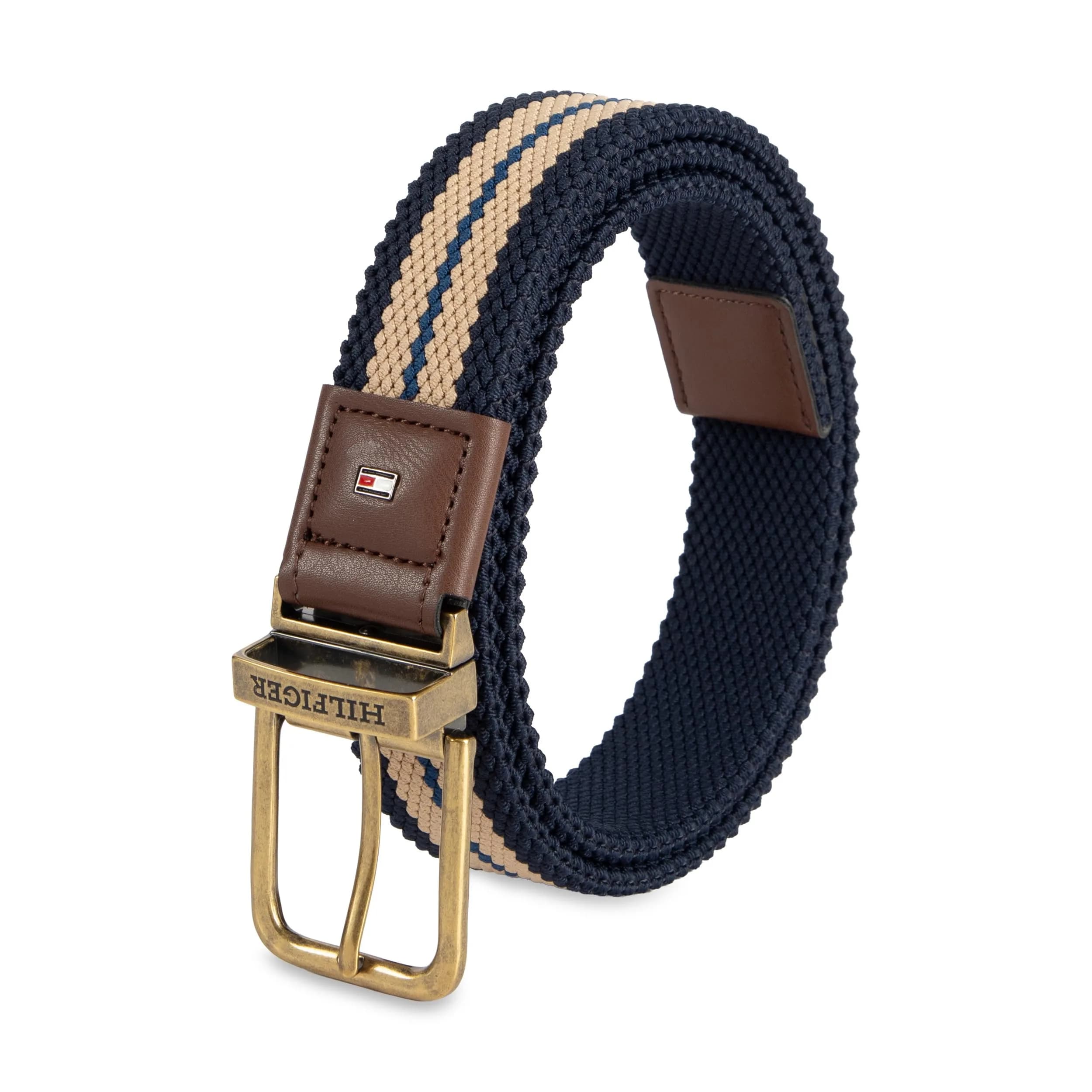 Tommy Hilfiger Men's Reversible Fabric Stretch Belt, Tan/Navy, X-Large — Tan/Navy Fabric