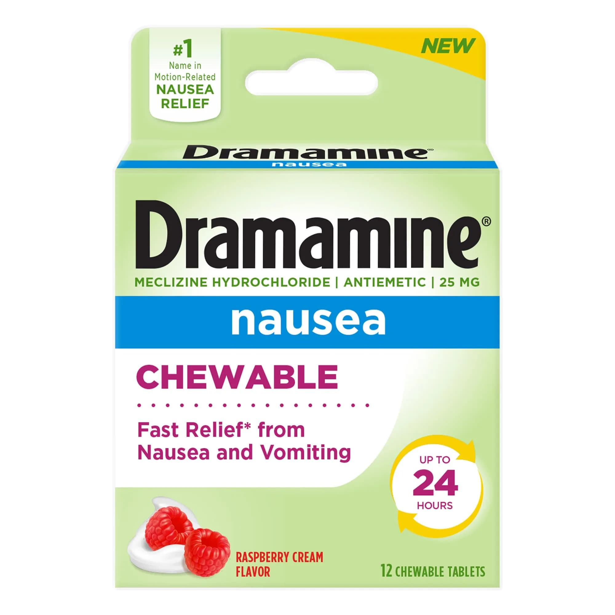 Dramamine Nausea Relief Tablets, Long-Lasting, 20 Tablets (2 x 10 Ct) | Fast Relief for Motion Sickness & Nausea — Raspberry Cream Chewable