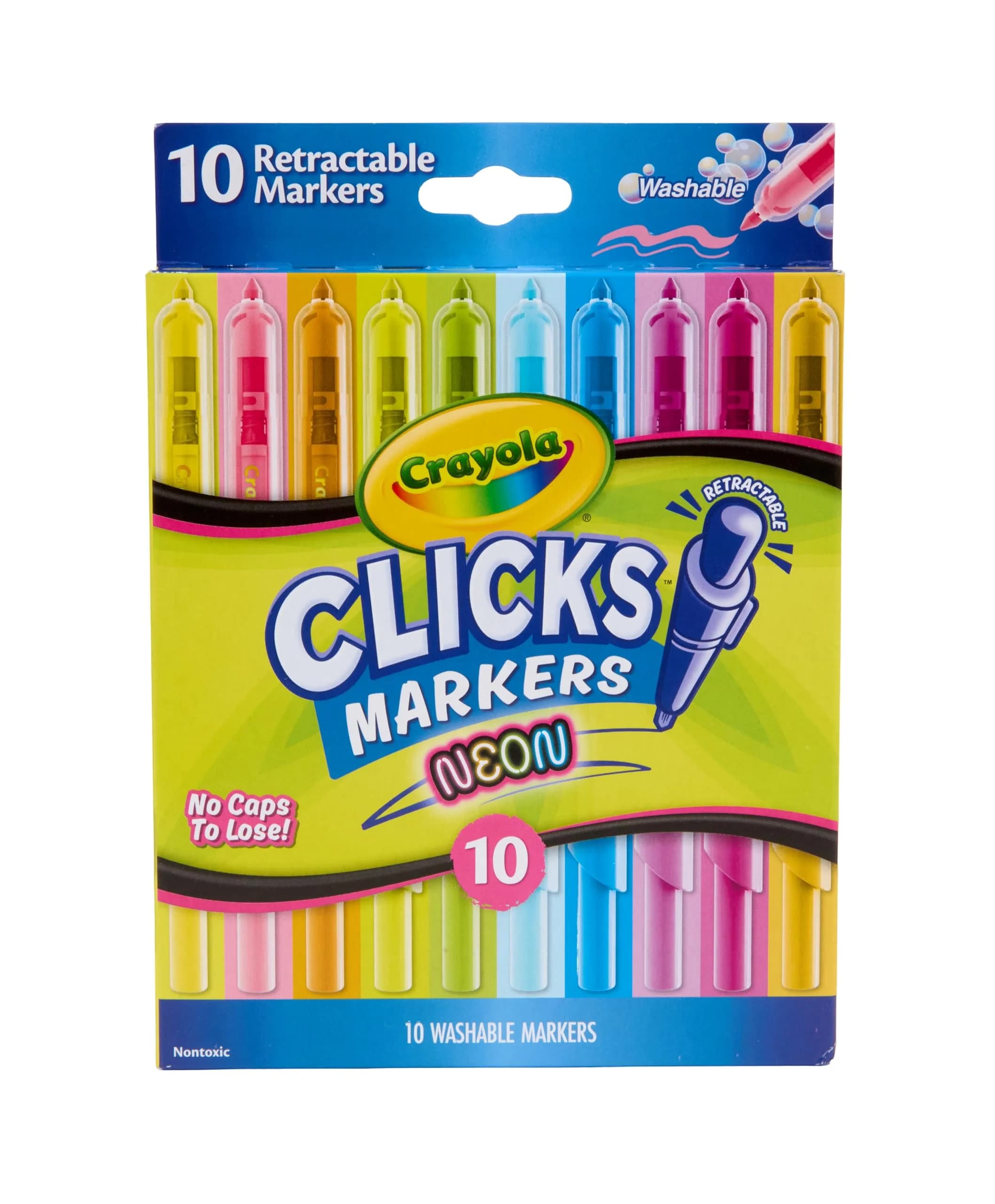 Crayola Clicks Retractable Tip Neon Washable Markers (10 Count, 0.3mm Tip) | Non-Toxic, Easy Clean-Up