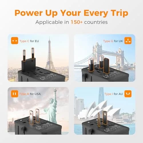 TESSAN Universal Travel Adapter 65W International Power Adapter with 4 USB Ports (2 USB-C, 2 USB-A) for 150+ Countries | Orange Black thumbnail 2
