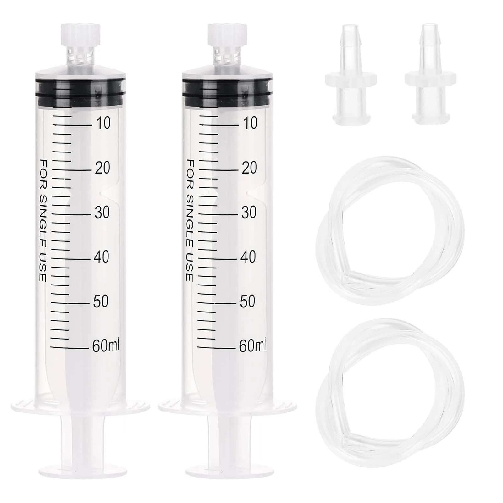 DEPEPE 60ml Plastic Syringe with 13in Tubing & Luer Connections (2-Pack, Transparent) | Sterile Lab Sample Injection