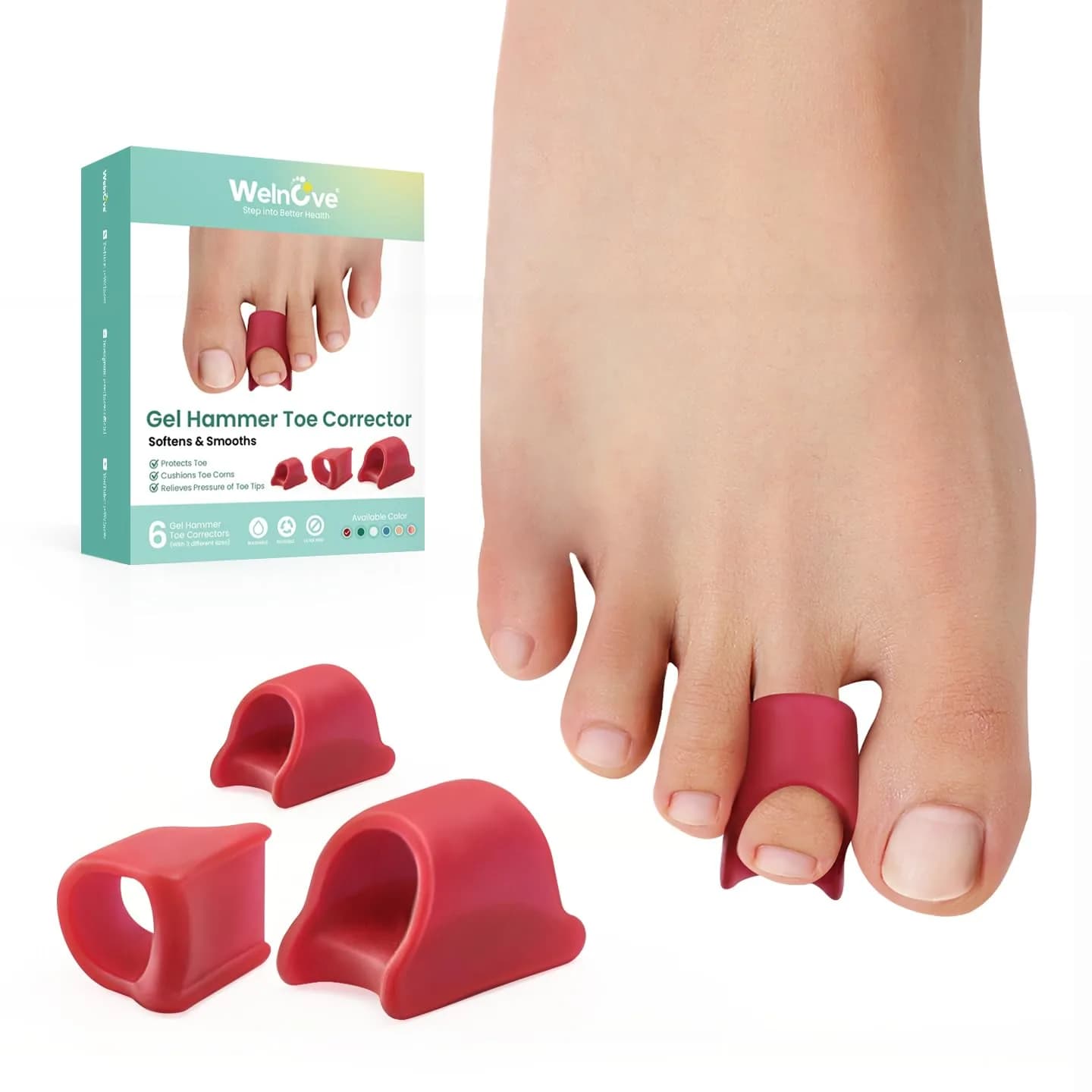Welnove Hammertoe Corrector 6 Pack Toe Splints - Soft Gel Toe Straighteners for Bent, Curled, Crooked, Claw, Hammer Toes - 3 Different Sizes (Green) — Red