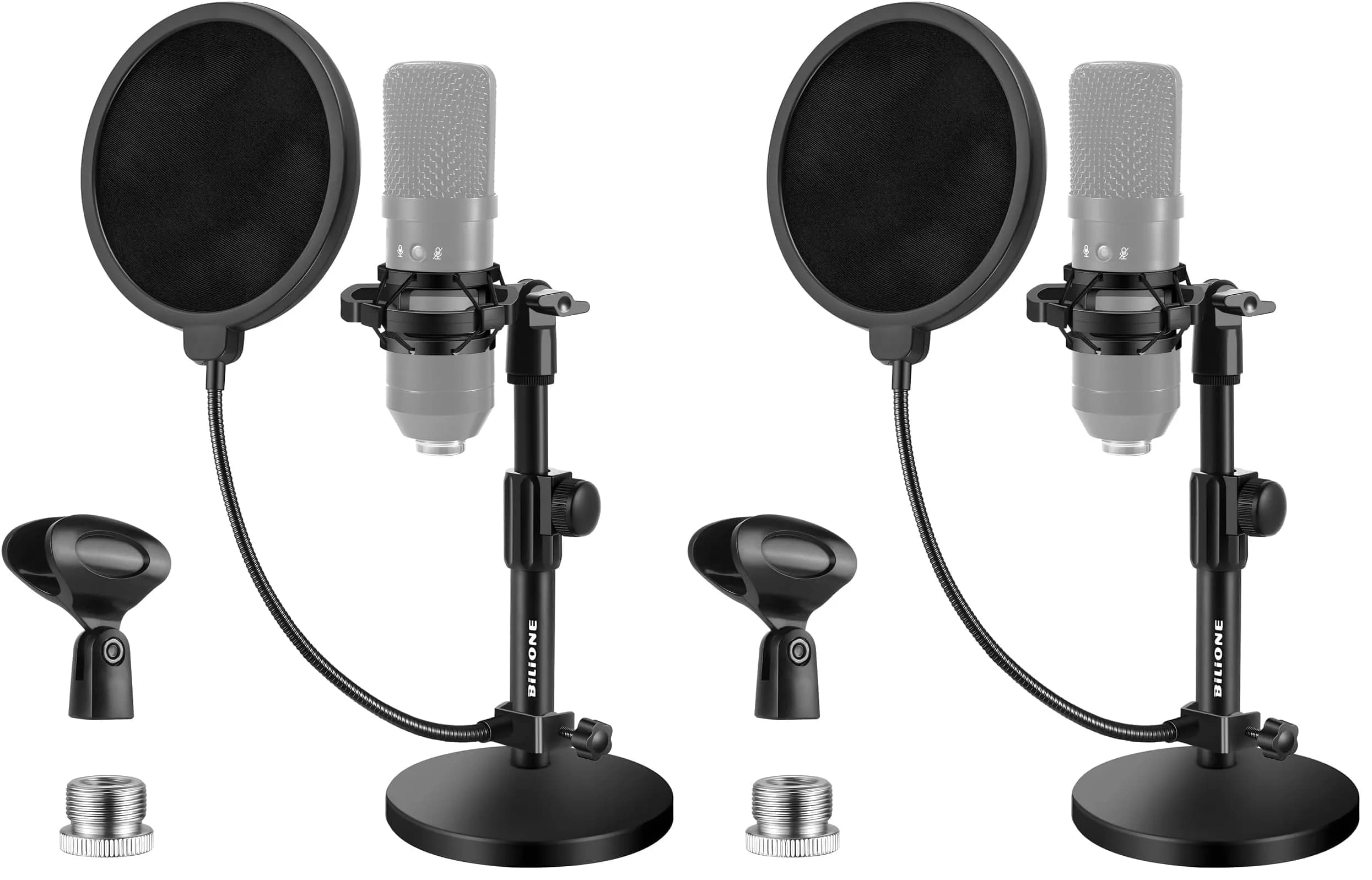 BILIONE Multifunctional Desktop Microphone Stand 2-Pack | Professional Recording Studio Equipment with Pop Filter & Shock Mount