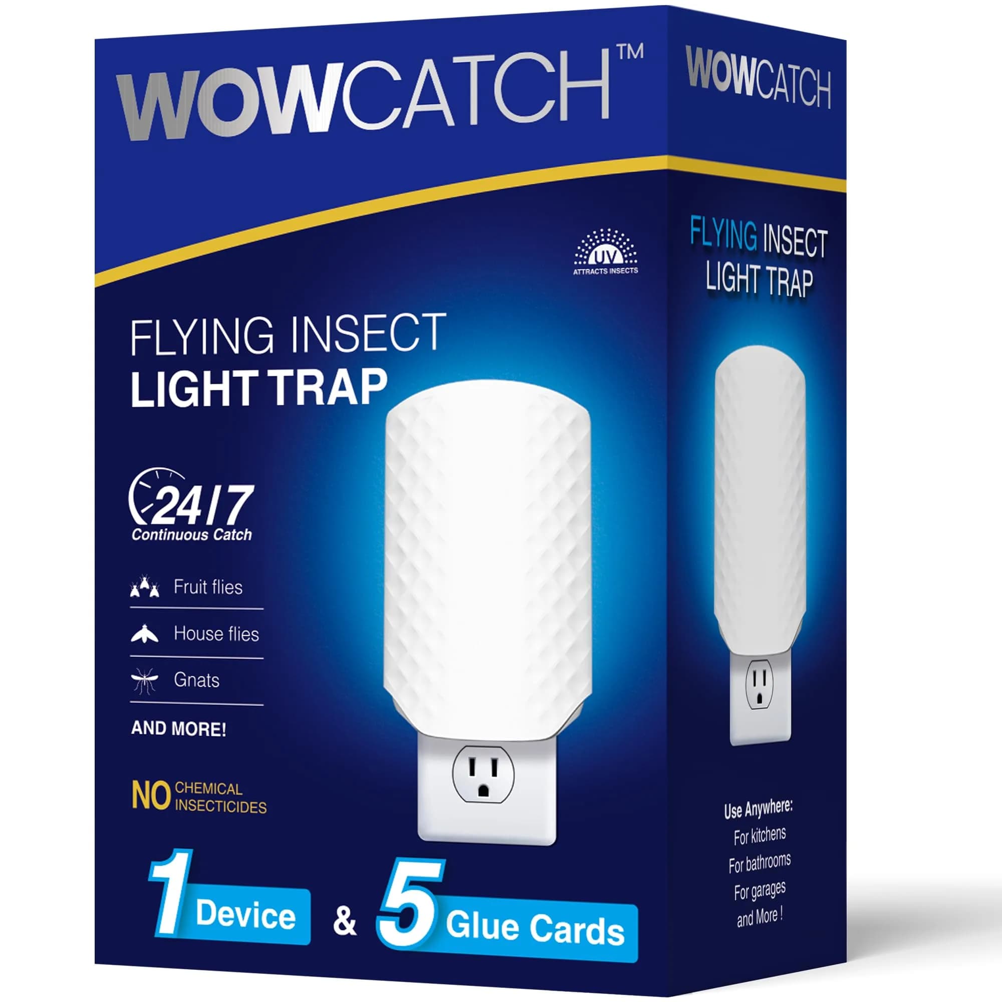 WowCatch Flying Insect Trap for Indoors | Blue UV Light, Silent & Mess-Free, 1 Device + 5 Refill