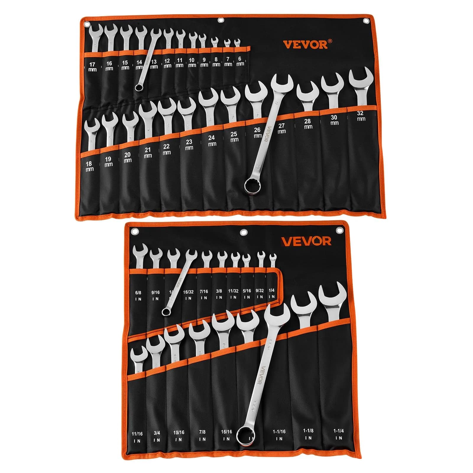 VEVOR 44-Piece Combination Wrench Set, Metric 6-32mm & SAE 1/4"-1-1/4" | Durable Steel, Organized Storage