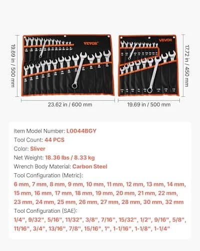 VEVOR 44-Piece Combination Wrench Set, Metric 6-32mm & SAE 1/4"-1-1/4" | Durable Steel, Organized Storage thumbnail 7