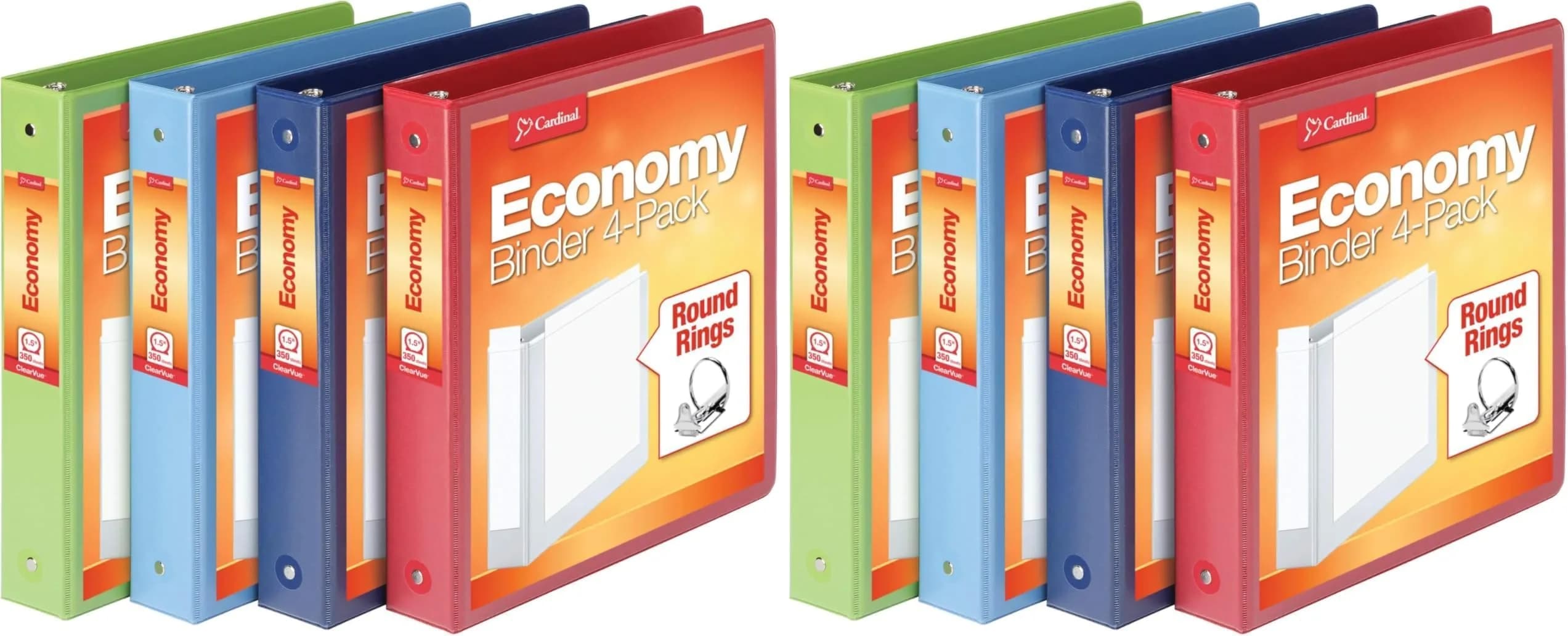 Cardinal 1.5 Inch 3 Ring Binder 4-Pack | Holds 350 Sheets, ClearVue Presentation View, Non-Stick, Assorted Colors — Assortment