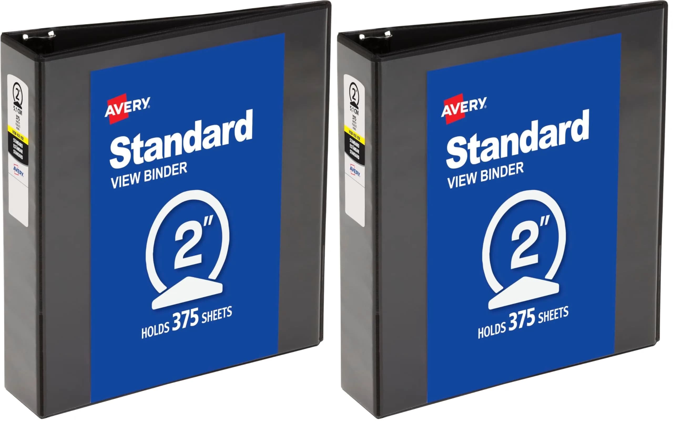 Avery Standard View 3 Ring Binder, 2" Round Rings, 375-Sheet Capacity, 2.8 Inch Wide Spine, Black (Pack of 2) | Lightweight Organization & Occasional Referencing - main product image