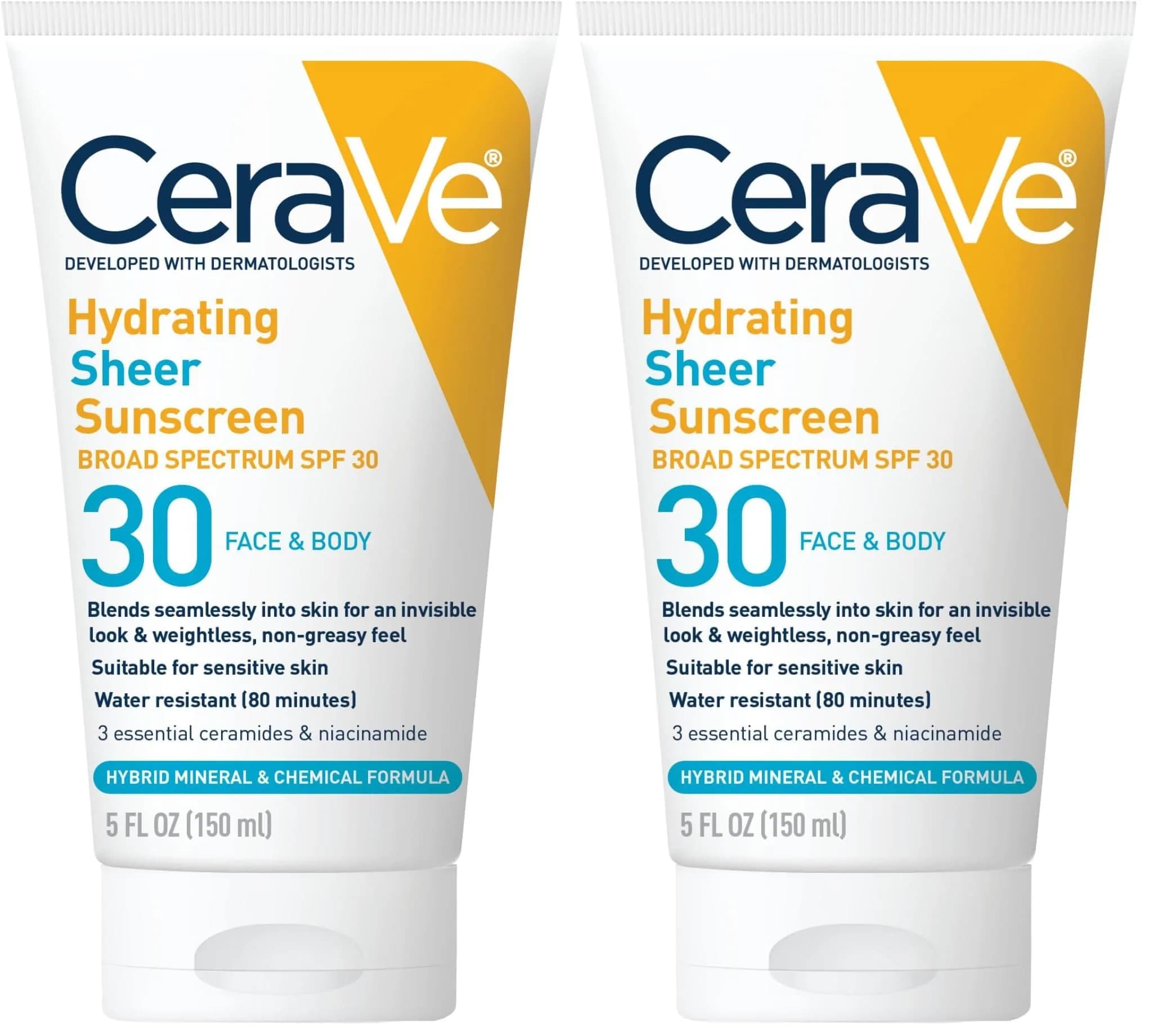 CeraVe Hydrating Sheer Sunscreen SPF 30, 10 Fl Oz (Pack of 2) | Mineral & Chemical Hybrid with Hyaluronic Acid & Ceramides - main product image