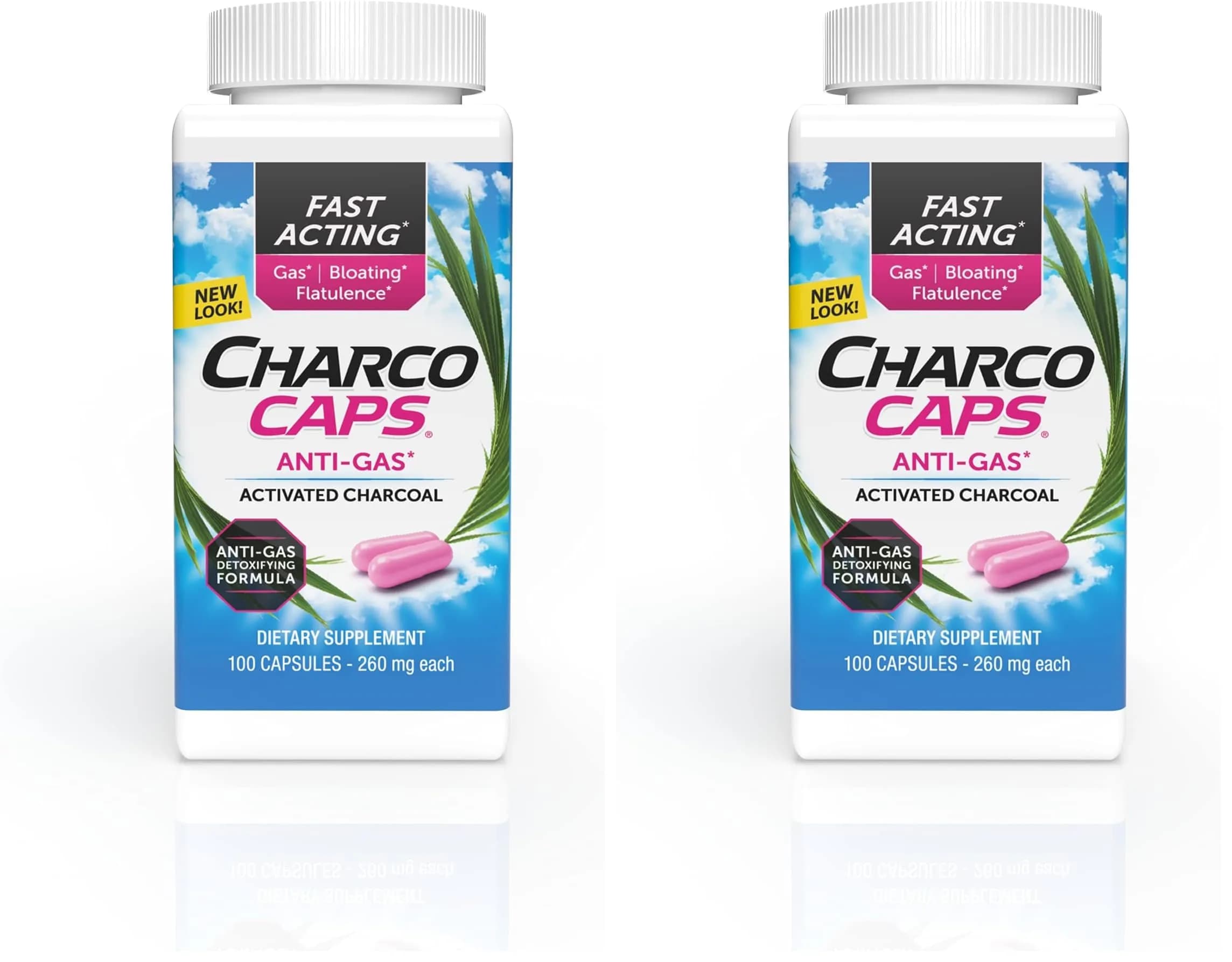 Charcocaps Fast Acting Gas Relief Activated Charcoal Capsules 200 Count (100 Count Pack of 2) | Drug-Free Detoxifying Formula for Bloating & Flatulence