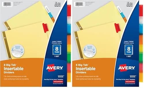 Avery Insertable Big Tab Binder Dividers, 16 Tabs (8 per set x 2 packs) | Multicolor, Gold-Reinforced Holes thumbnail 1