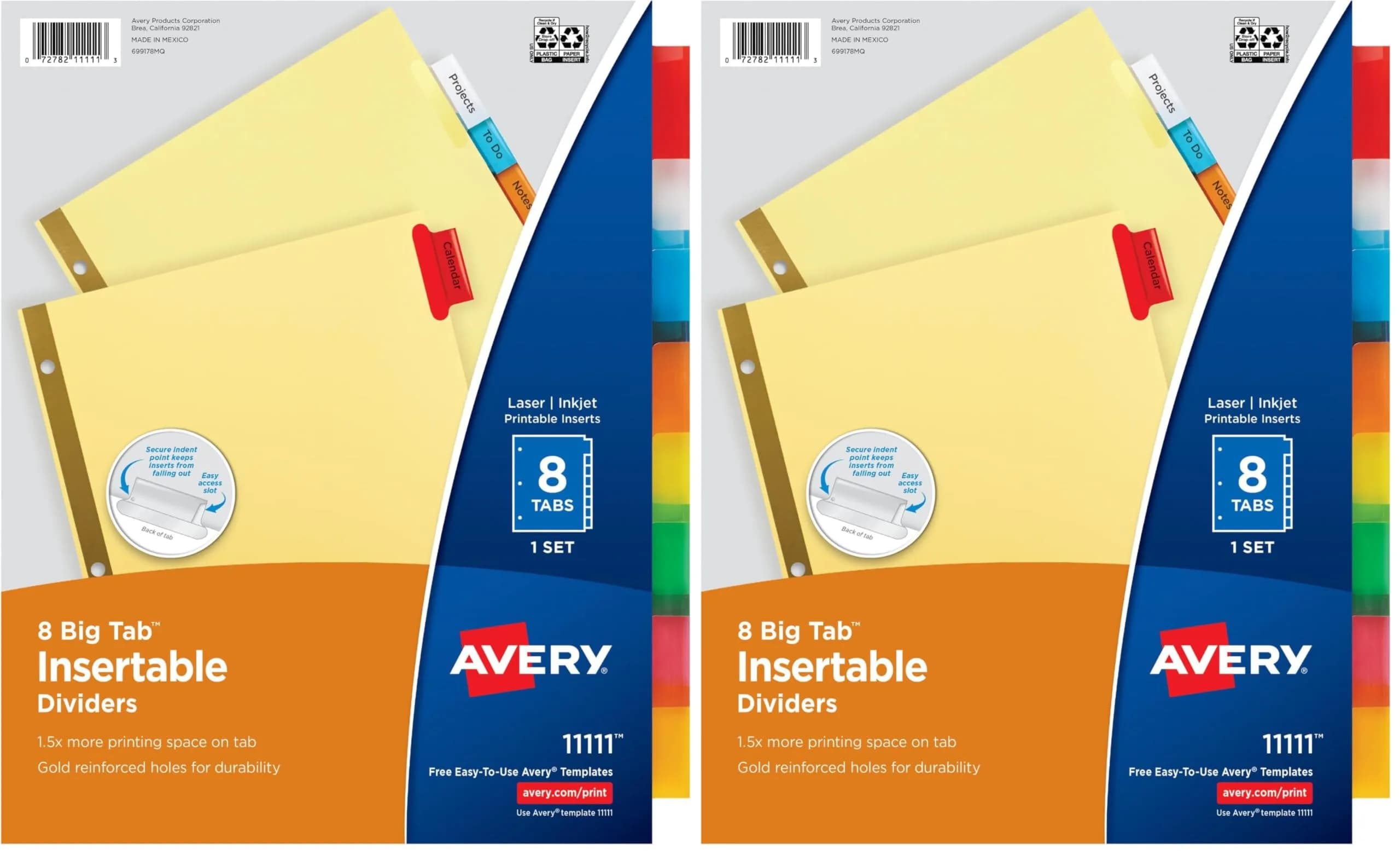 Avery Insertable Big Tab Binder Dividers, 16 Tabs (8 per set x 2 packs) | Multicolor, Gold-Reinforced Holes
