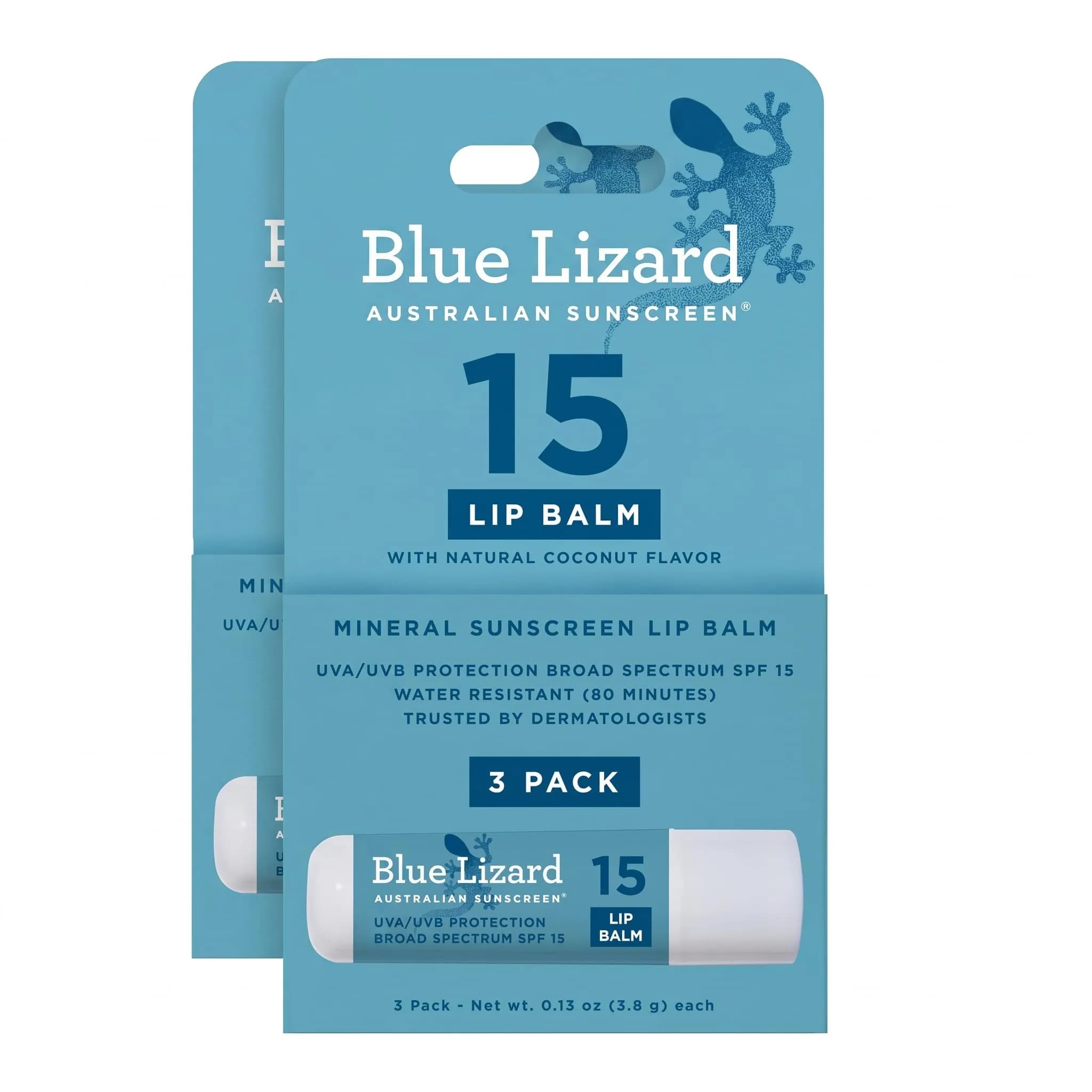 BLUE LIZARD Mineral SPF 15 Lip Balm 3-Pack | Broad Spectrum Sun Protection with Natural Coconut Flavor