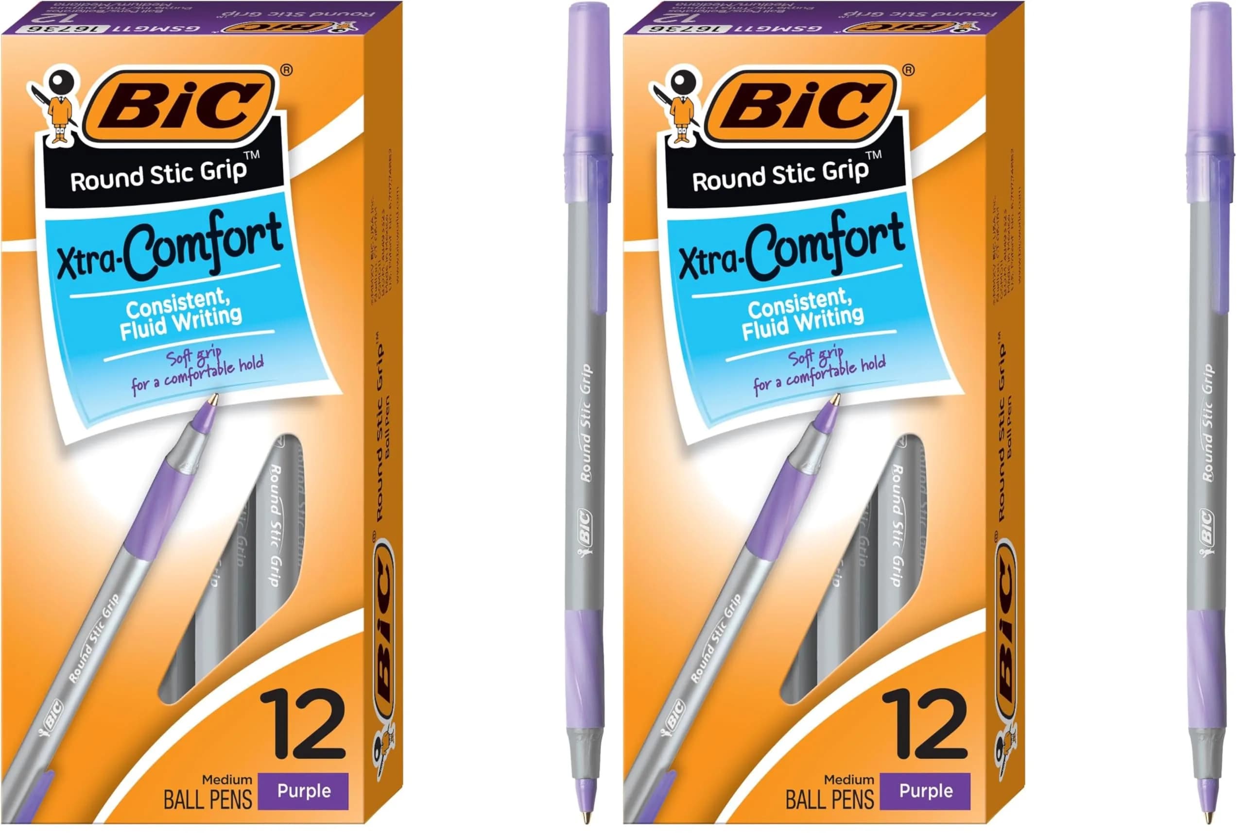 BIC Round Stic Grip Xtra Comfort Fashion Ball Point Pen Purple | 24 Pens (Pack of 2) — Purple