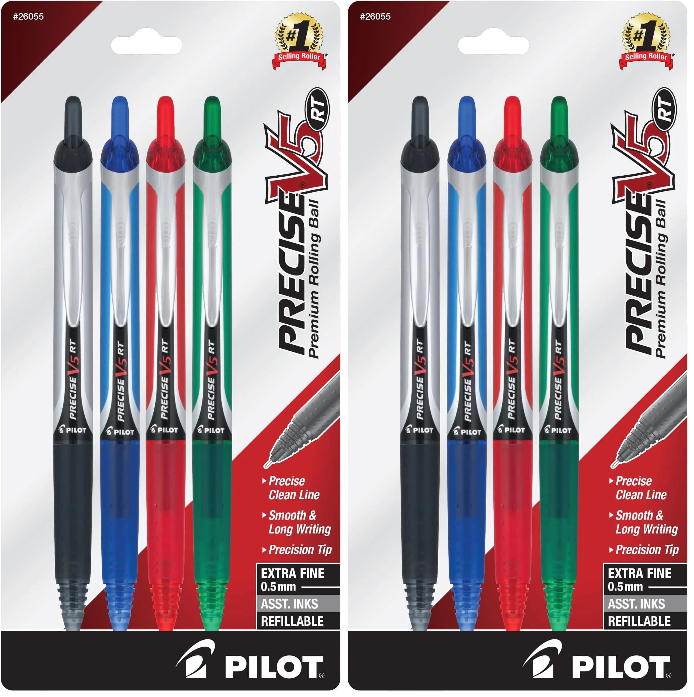 PILOT Precise V5 RT Rolling Ball Pens, 4 Count (Pack of 2) | Extra Fine Point 0.5mm, Black/Blue/Red/Green — Black Blue Red Green