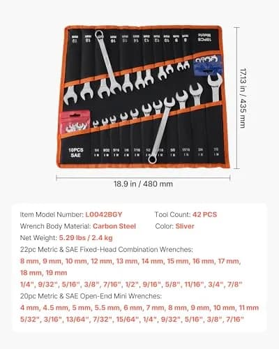 VEVOR Combination Wrench Set, 42-Piece SAE & Metric, Carbon Steel, 12-Point Box & 15° Angled Open End, for Household & Auto Repairs thumbnail 7