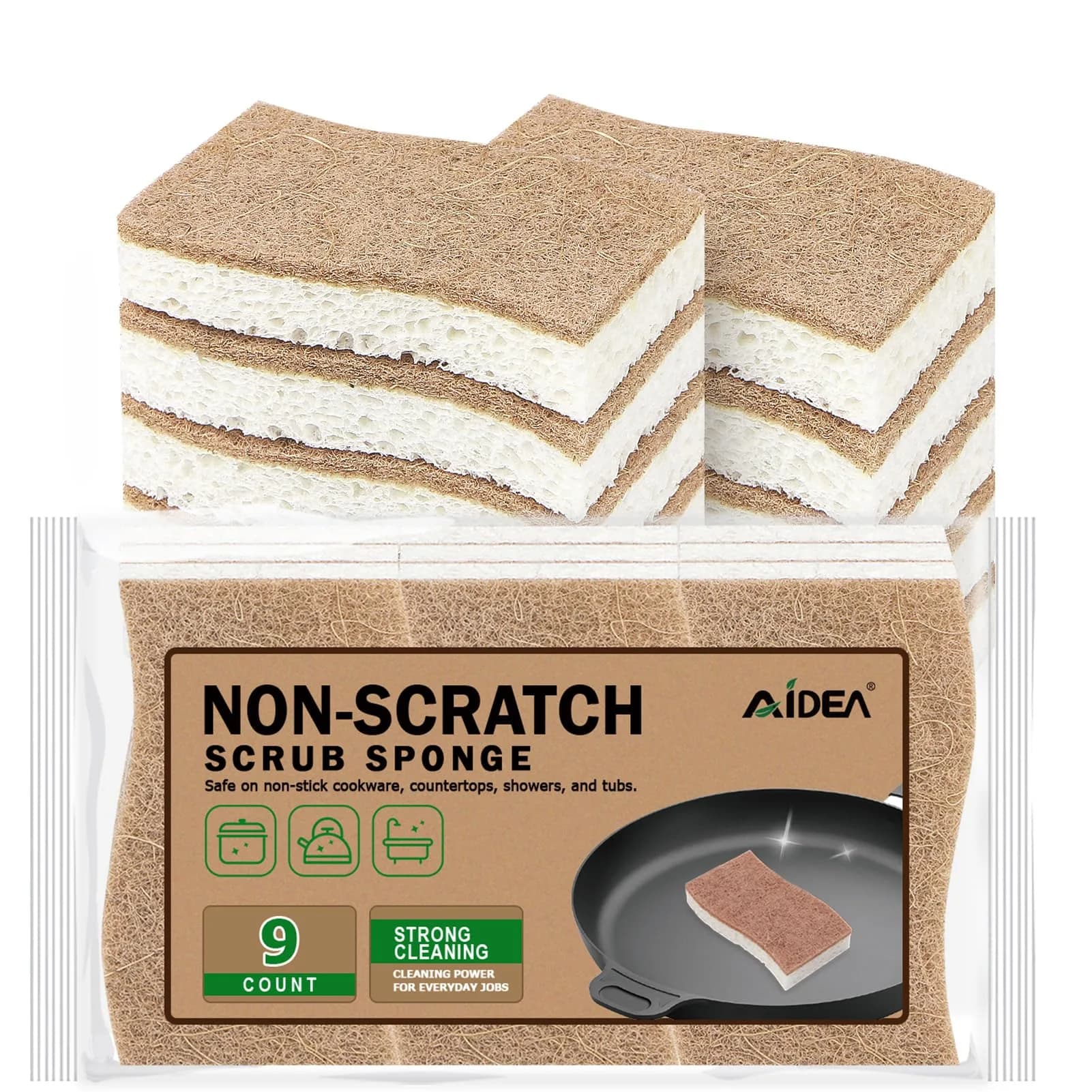 AIDEA Kitchen Sponges, 9 Count (Pack of 1) | Non-Scratch Cellulose Scrub Sponges for Dishes, Cleaning Power for Kitchen, Bathroom, Household