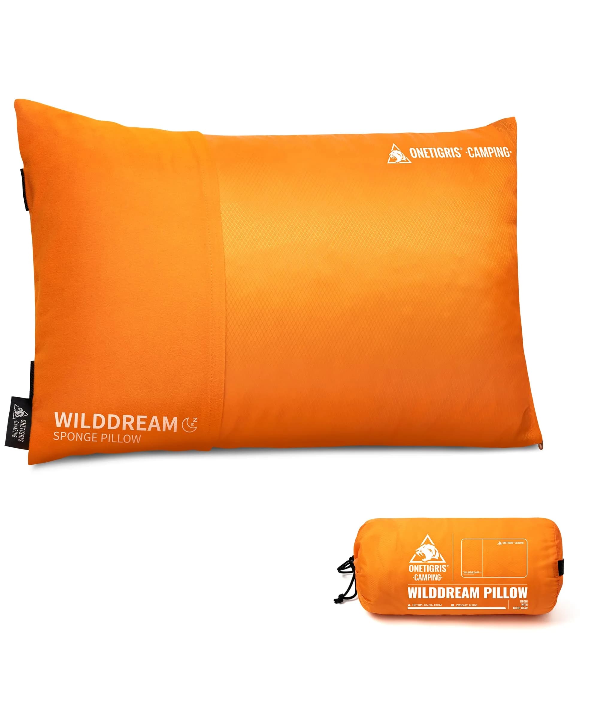 ONETIGRIS Wilddream Camping Pillow Shredded Memory Foam 550g (1.2 lb) Orange | All-Season Comfort for Backpacking & Travel — Orange / Large