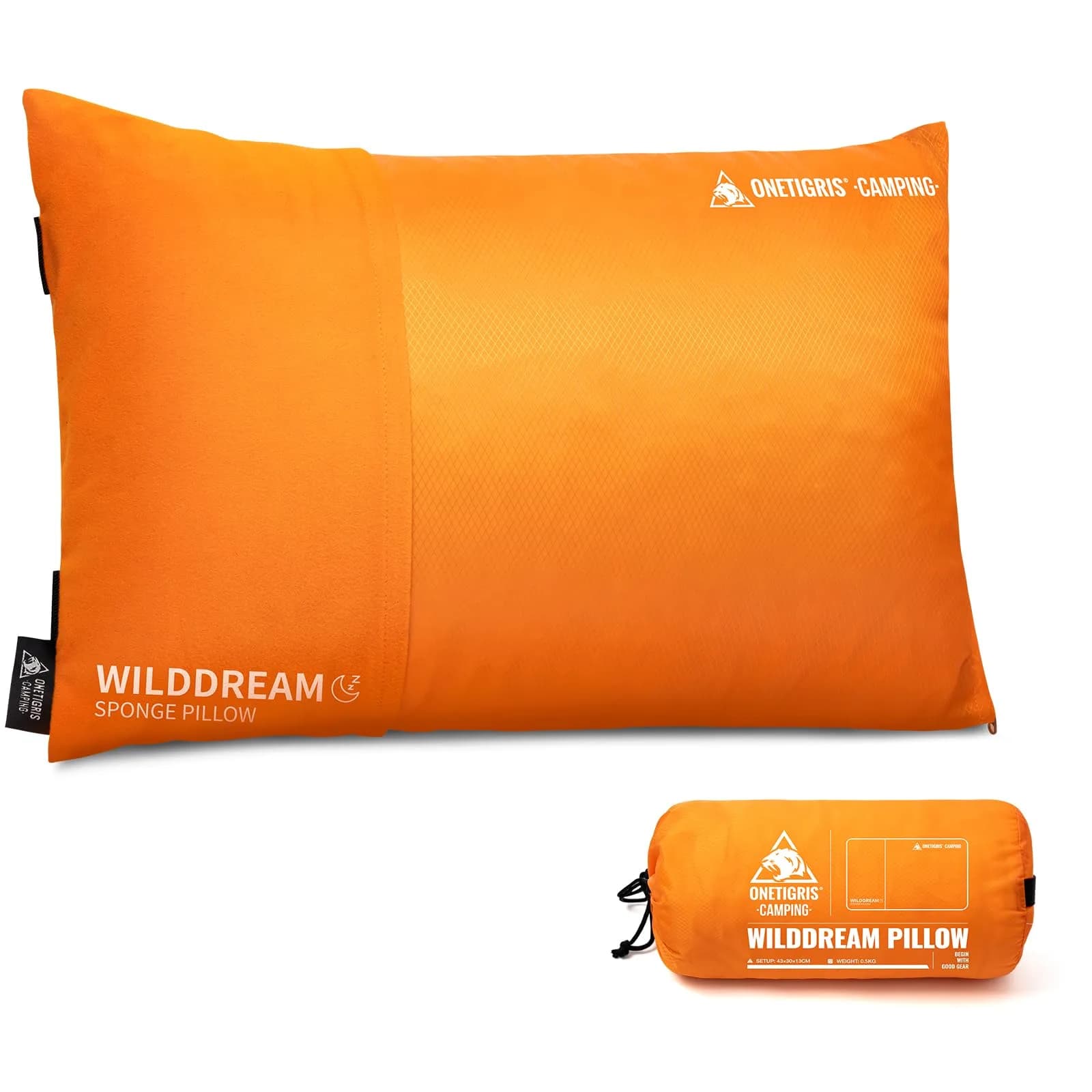 ONETIGRIS Wilddream Camping Pillow Shredded Memory Foam 550g (1.2 lb) Orange | All-Season Comfort for Backpacking & Travel - main product image