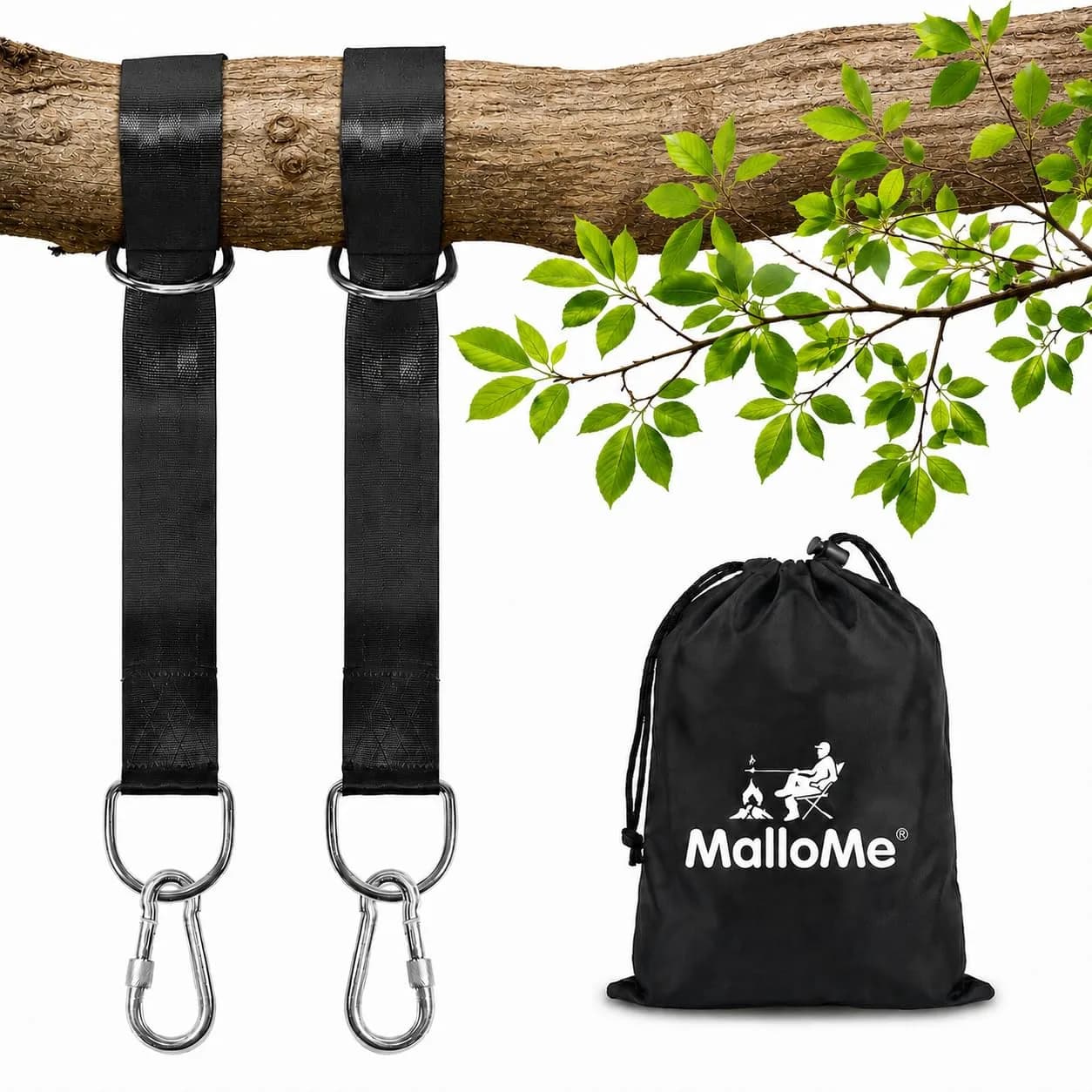 MalloMe Heavy Duty Hammock Tree Straps Kit - 20ft (610cm) Adjustable Tree Strap for Hammocks, Swings & Outdoor Use | 1000lb Capacity — 2200 LB - D-Ring 5FT (Ideal for Swings)