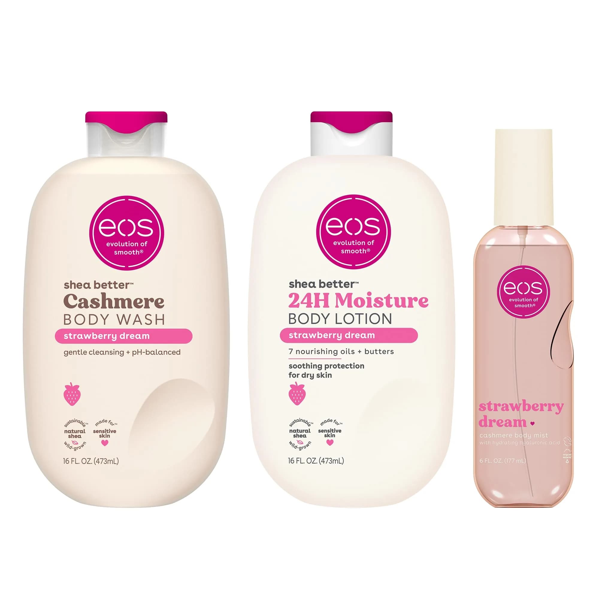 eos Essentials Bundle Body Wash Mist Lotion Strawberry Dream | Hydrating Skin Care Set