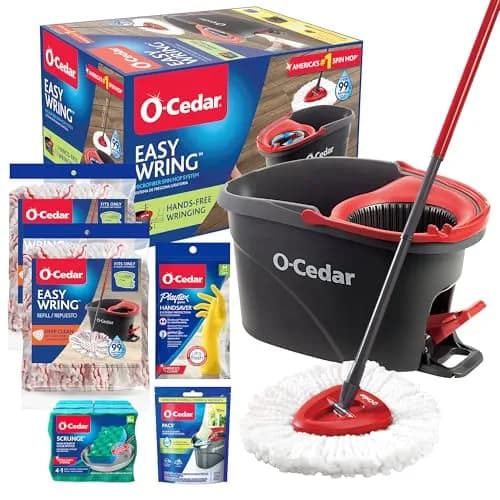 O-Cedar EasyWring Spin Mop System Bundle with 3 Mop Heads, PACS, Gloves & Sponges | 20cm (7.87in) W x 20cm (7.87in) H x 12cm (4.72in) L thumbnail 1