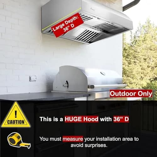 Awoco 36”W 17"H Outdoor BBQ Vent Hood with 12"H Chimney Cover | 1000CFM, 4 Speeds, Stainless Steel, Ducted Vent thumbnail 5