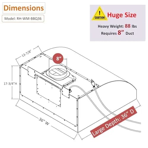Awoco 36”W 17"H Outdoor BBQ Vent Hood with 12"H Chimney Cover | 1000CFM, 4 Speeds, Stainless Steel, Ducted Vent thumbnail 8