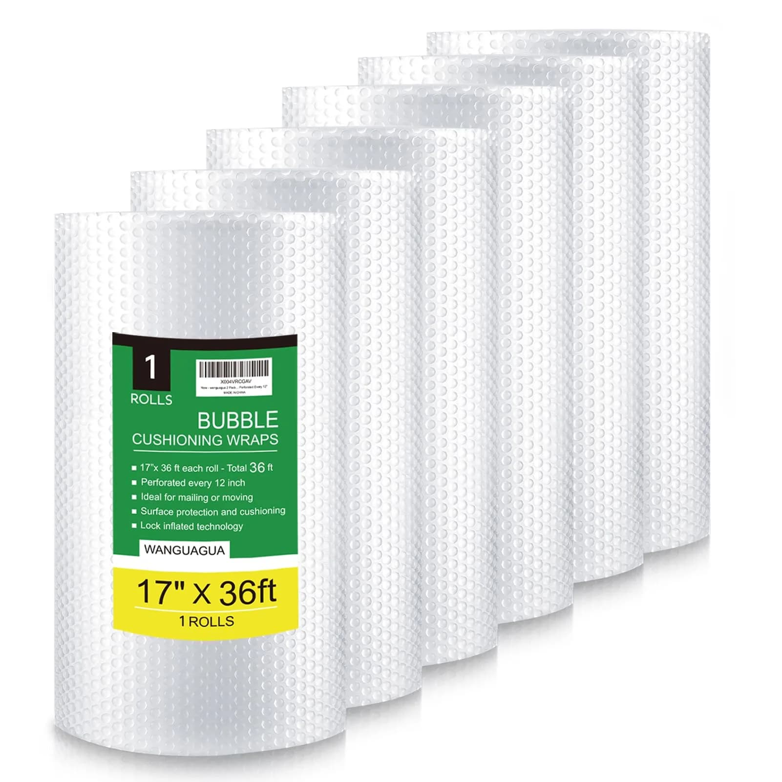 wanguagua Bubble Wrap Roll 43.2cm (17 Inch) x 36 ft (6 Rolls Total) | Perforated for Easy Tearing