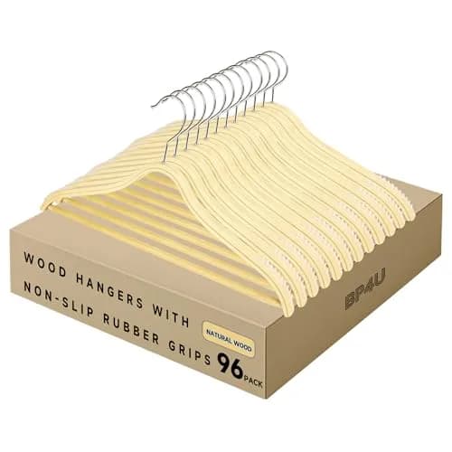 BP4U Slim Birch Wood Hangers with Non-Slip Rubber Strips 96-Pack | Space-Saving & Durable thumbnail 1