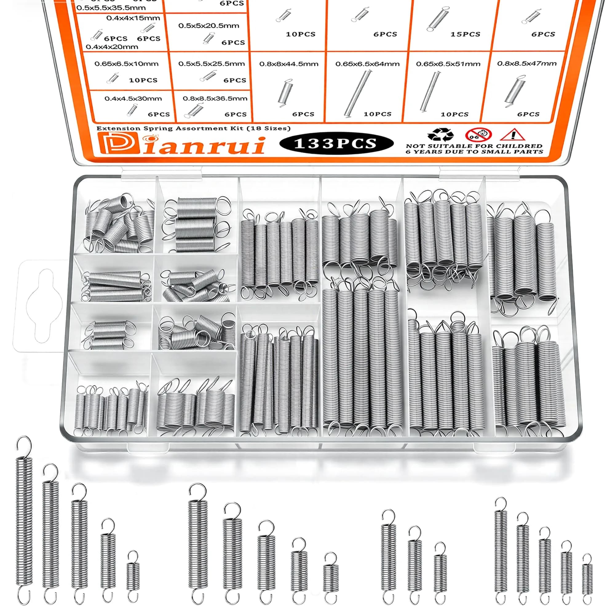 Dianrui 133-Piece Extension Spring Assortment Kit with Storage Box | 18 Sizes, Zinc Plated Steel - main product image