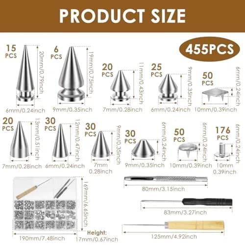 OWTWCNL Punk Spikes and Studs Kit 455Pcs | Metal Leathercraft Rivets for Jackets, Shoes, Wallets thumbnail 2