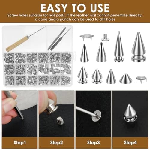 OWTWCNL Punk Spikes and Studs Kit 455Pcs | Metal Leathercraft Rivets for Jackets, Shoes, Wallets thumbnail 3