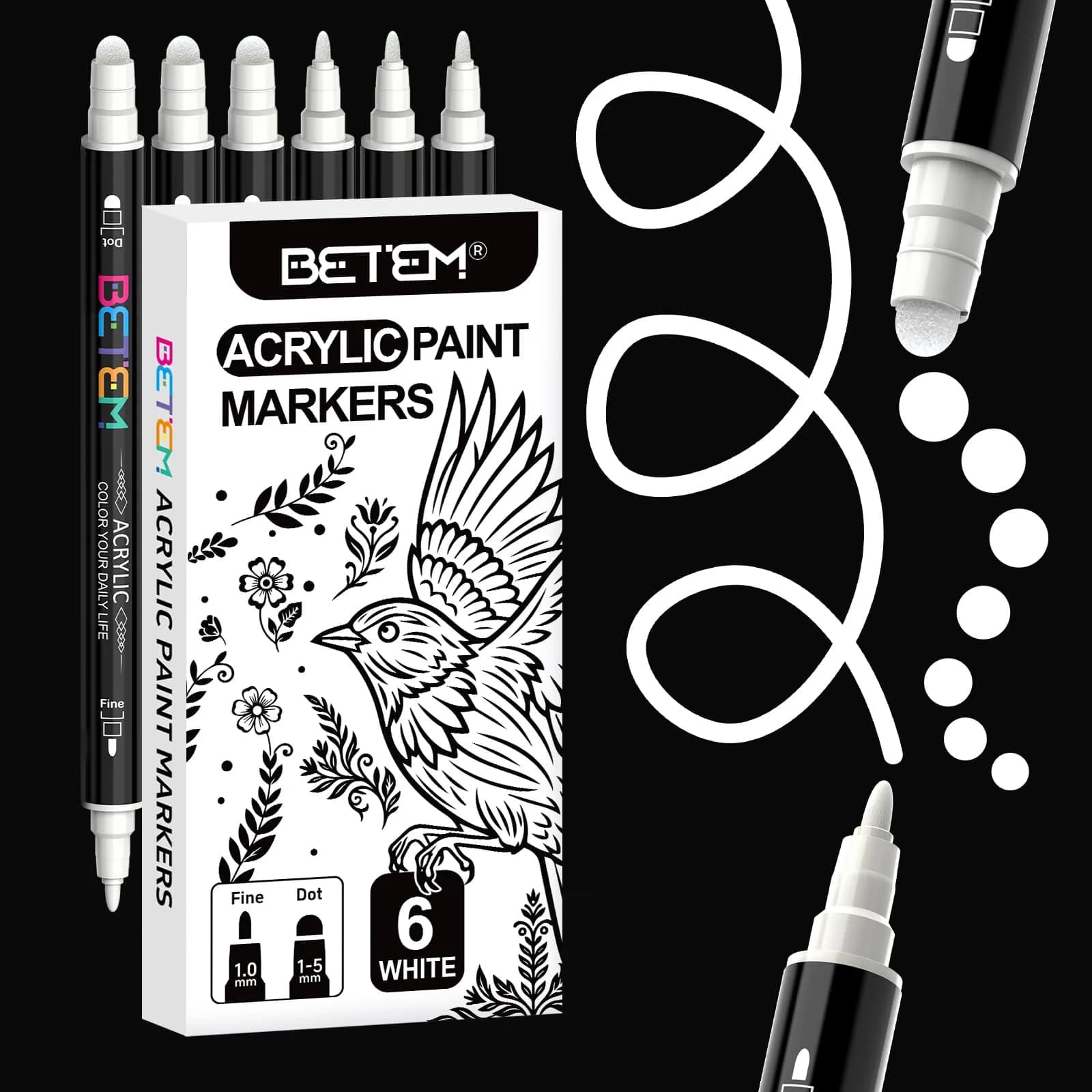 Betem White Acrylic Paint Markers Dual Tip Fabric Decorating Kits 6 Count | Water-Based Opaque Ink for Crafts - main product image