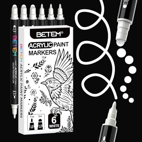 Betem White Acrylic Paint Markers Dual Tip Fabric Decorating Kits 6 Count | Water-Based Opaque Ink for Crafts thumbnail 1