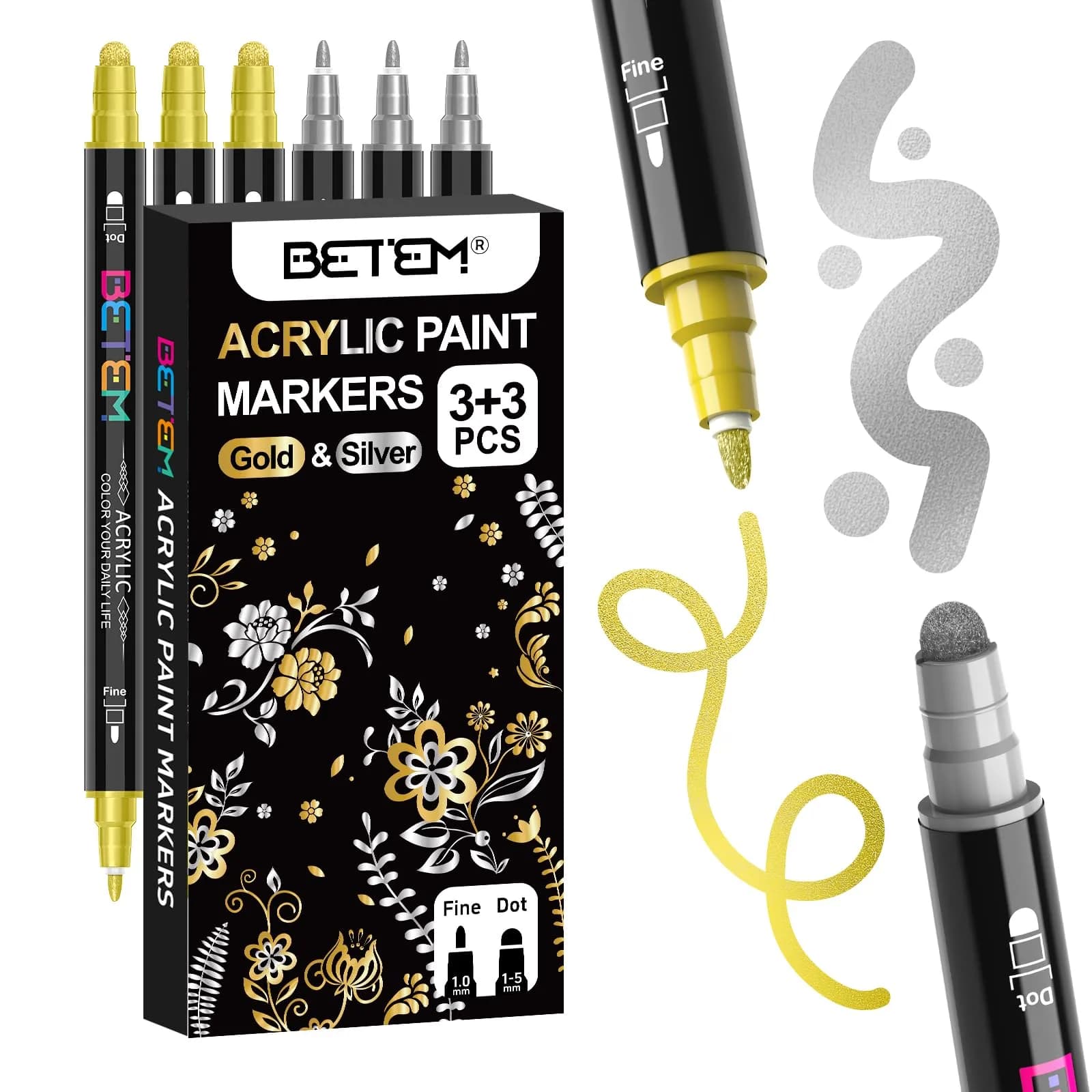 Betem White Acrylic Paint Markers Dual Tip Fabric Decorating Kits 6 Count | Water-Based Opaque Ink for Crafts — Gold&Silver