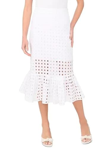 CeCe Eyelet Ruffle Tier Midi Skirt in Ultra White | Flowy, Romantic, 6 thumbnail 1