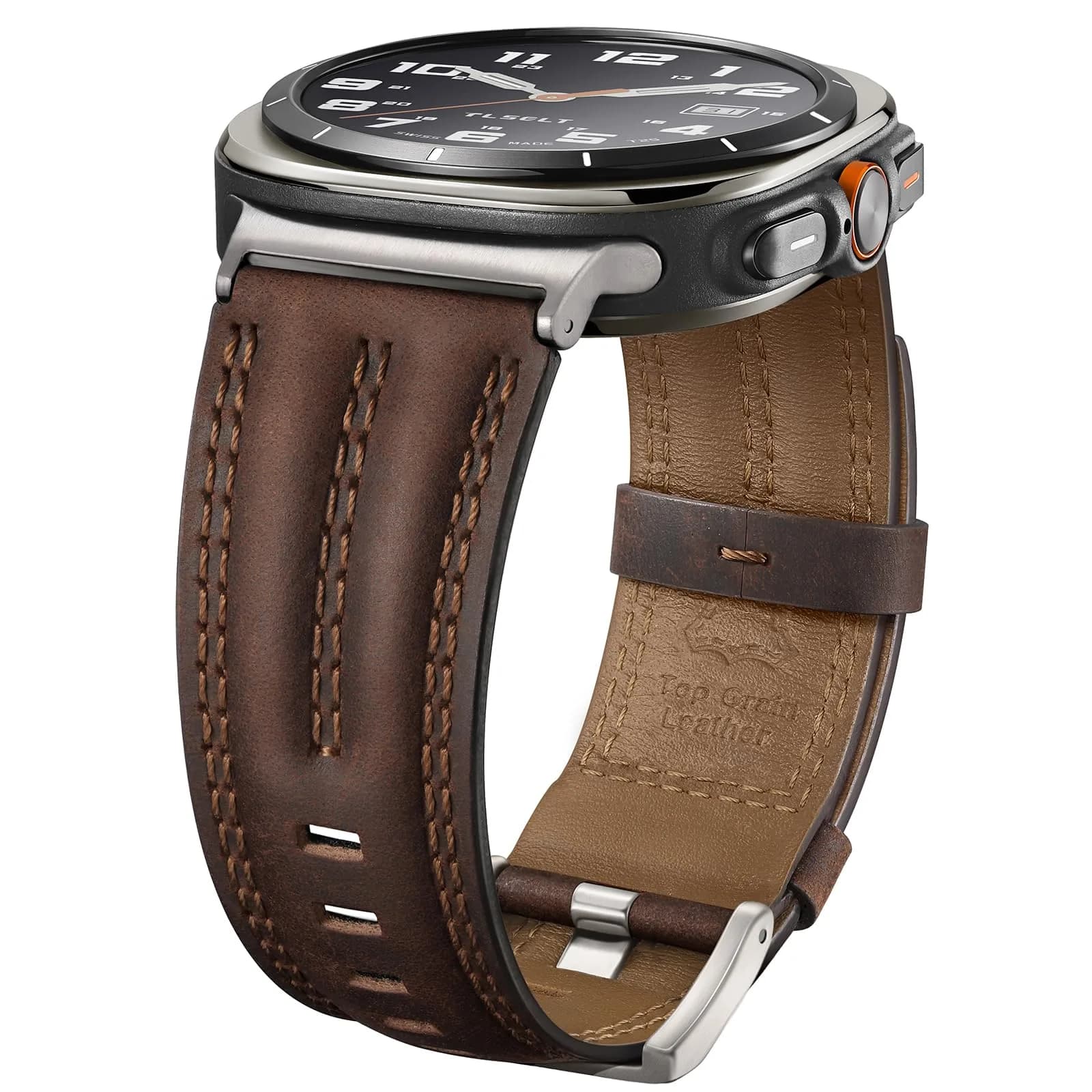 Tlselt Leather Band for Samsung Galaxy Watch Ultra 2/Ultra 47mm | Vintage Rugged Style, All-Day Comfort, Gift-Ready — Sliver - Retro Walnut