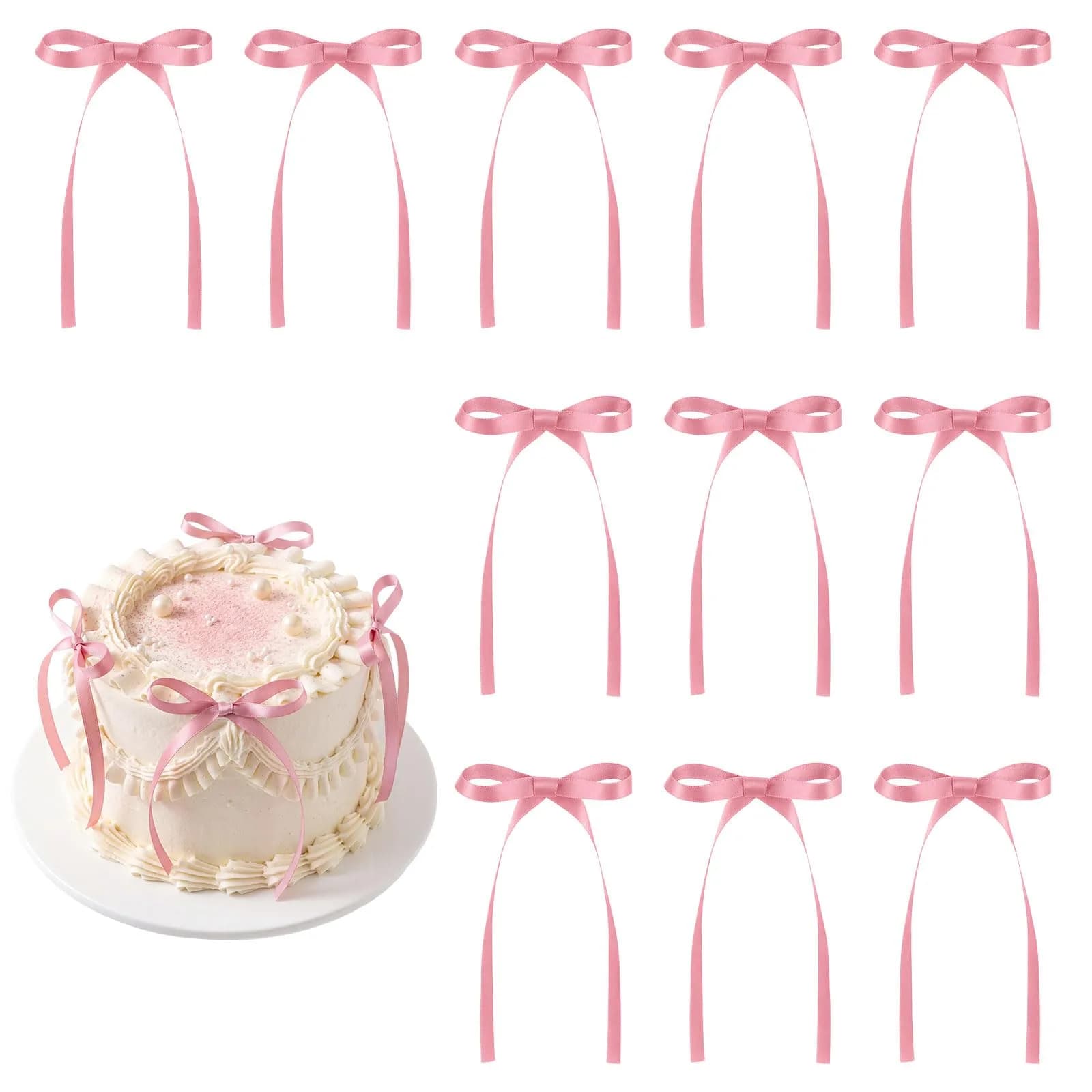 NatNarr Rose Pink Ribbon Bow Cake Toppers (30 Pack) | Handmade Polyester for Parties
