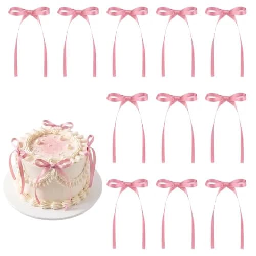 NatNarr Rose Pink Ribbon Bow Cake Toppers (30 Pack) | Handmade Polyester for Parties thumbnail 1