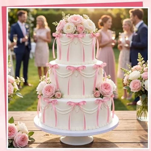 NatNarr Rose Pink Ribbon Bow Cake Toppers (30 Pack) | Handmade Polyester for Parties thumbnail 5